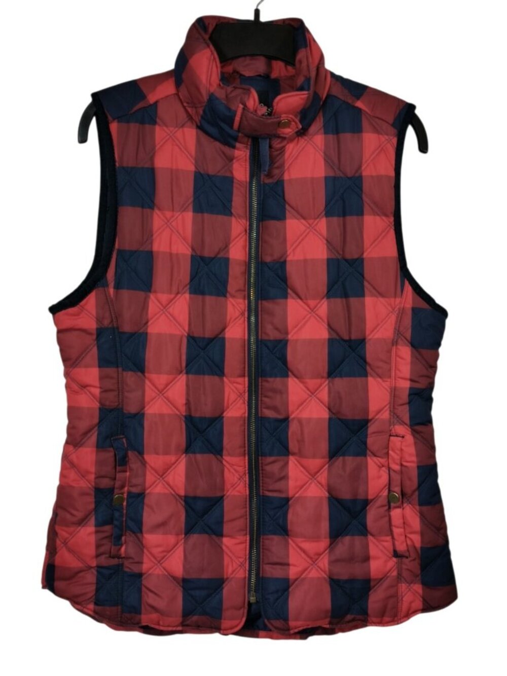 Kensie Jeans Womens M Quilted Puffer Vest Red Navy Buffalo Plaid Full Zip